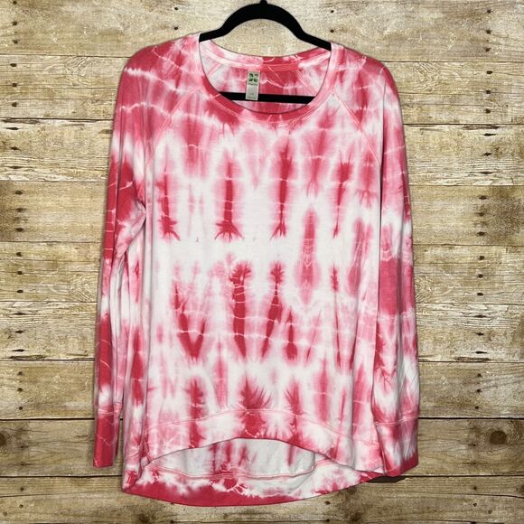 GREEN TEA PINK & WHITE TIE DYE HIGH LOW ROUND HEM DAILY CASUAL SWEATSHIRT LARGE - Picture 1 of 3